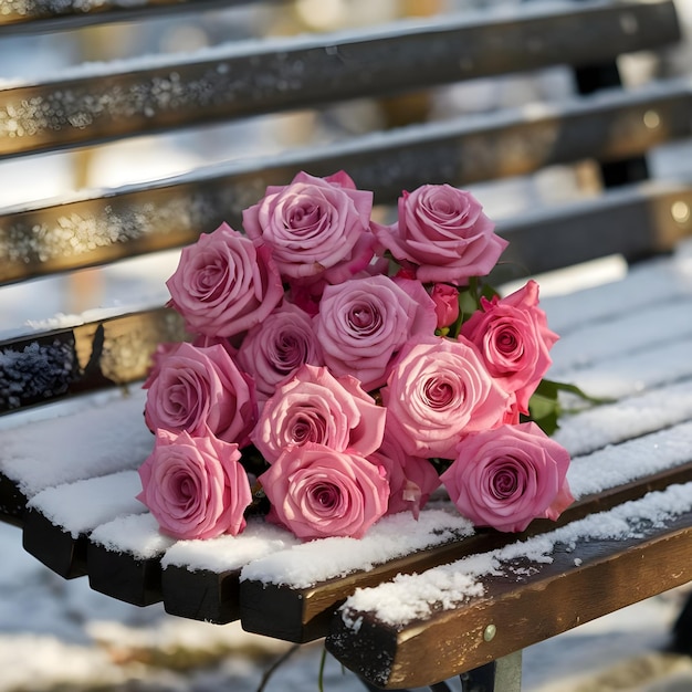 Photo a bouquet of pink roses sits on a bench in the snow