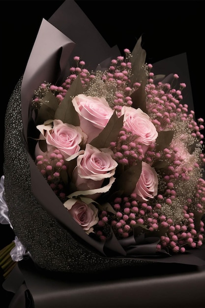 Bouquet of pink roses sitting on top of a table generative ai