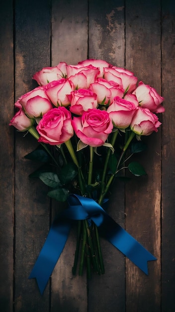 Photo bouquet of pink roses with blue ribbon on a vintage wooden background