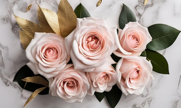 a bouquet of pink roses with gold ribbon on top of it