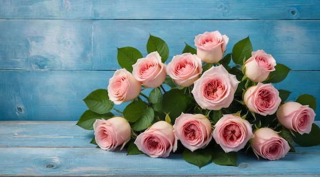 Photo a bouquet of pink roses with green leaves on a blue background