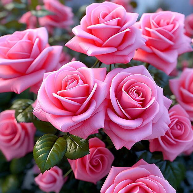 a bouquet of pink roses with green leaves and pink roses