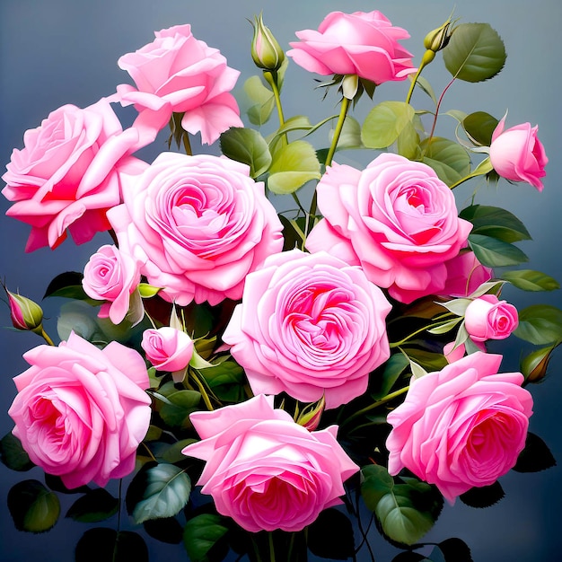 a bouquet of pink roses with green leaves and pink roses