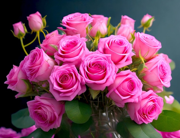 a bouquet of pink roses with green leaves and pink roses