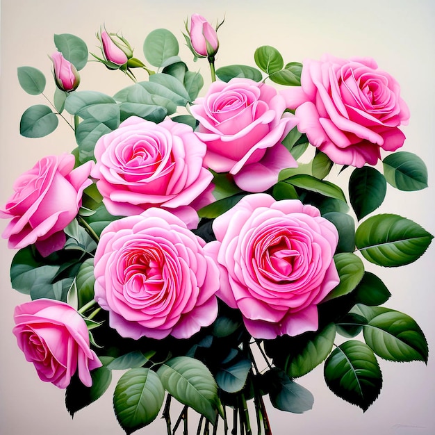 a bouquet of pink roses with green leaves and pink roses