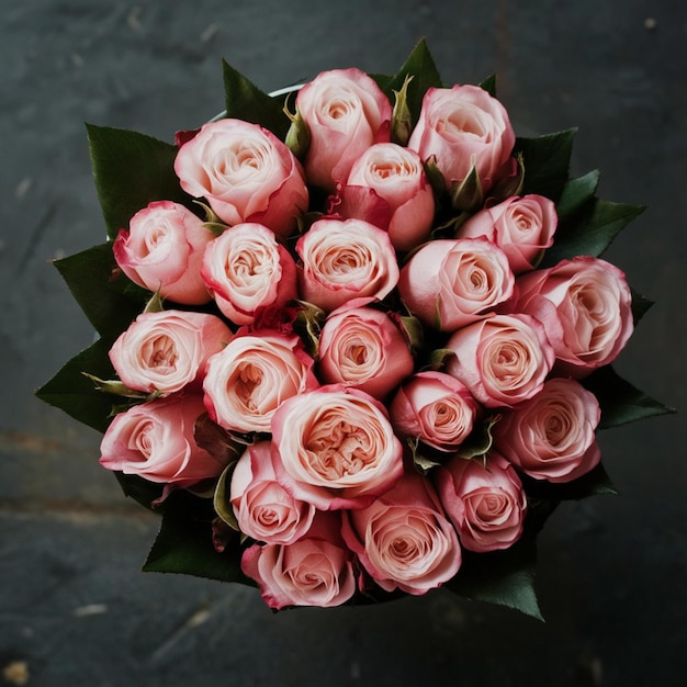 a bouquet of pink roses with green leaves on the top