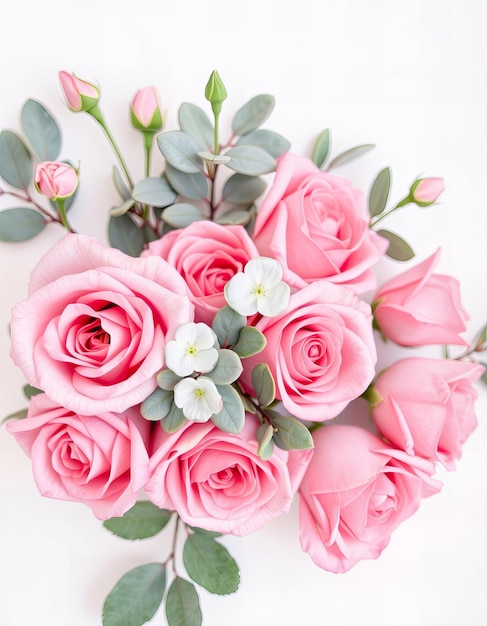 a bouquet of pink roses with green leaves and white flowers