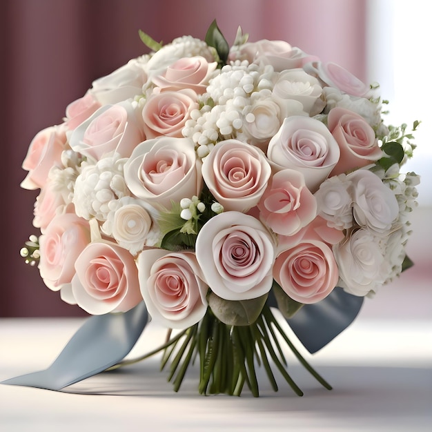 A bouquet of pink roses with white roses on a table