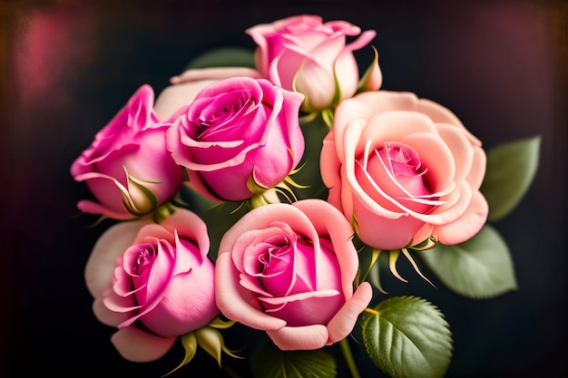 A bouquet of pink roses with the word love on it