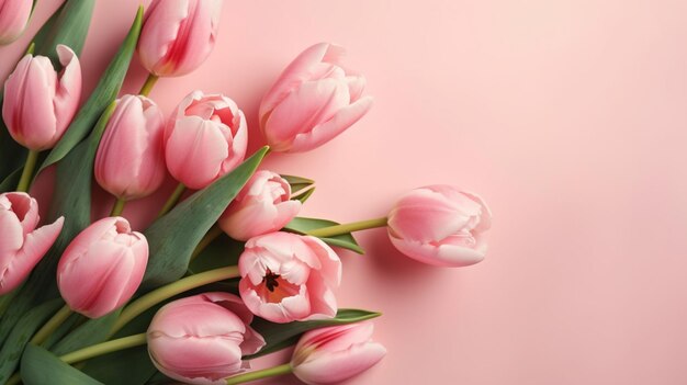 Bouquet of pink tulips flowers on pastel pink background Generative AI