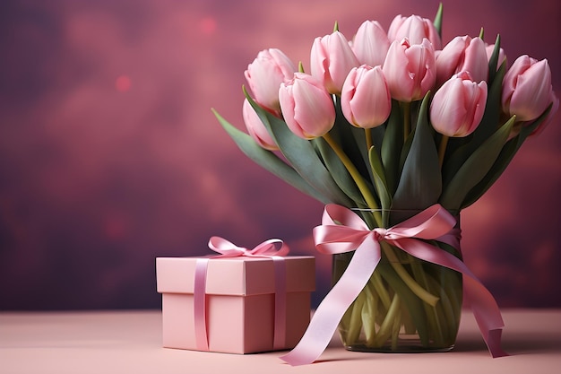 Bouquet of pink tulips and gift box on pink background