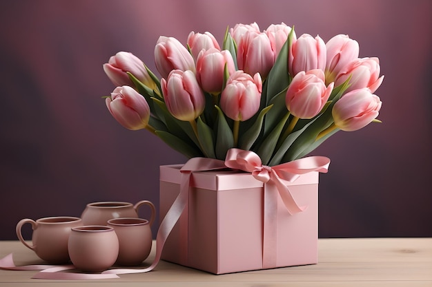 Bouquet of pink tulips and gift box on pink background