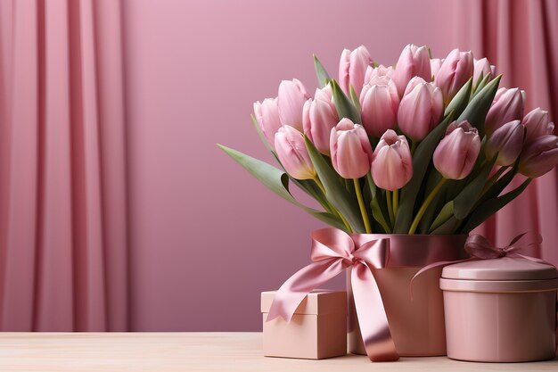 Bouquet of pink tulips and gift box on pink background