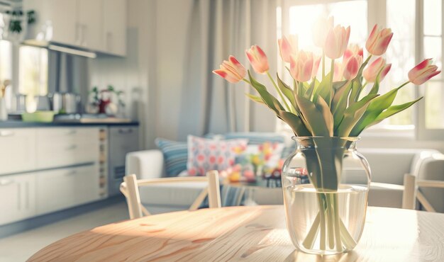 A bouquet of pink tulips in a glass transparent vase closeup on a table on a blurred background