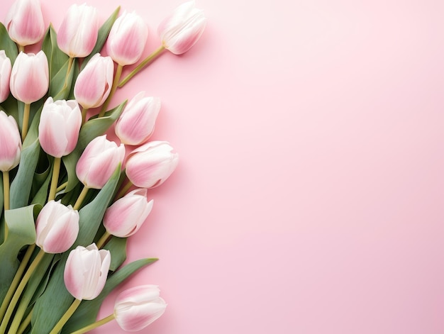 Bouquet of pink tulips on pink background Flat lay top view