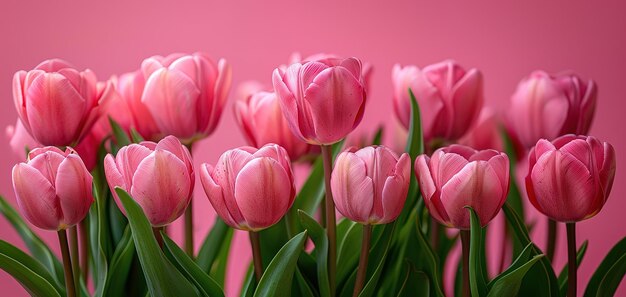 Bouquet of pink tulips on pink background Mothers day Birthday celebration concept Greeting card