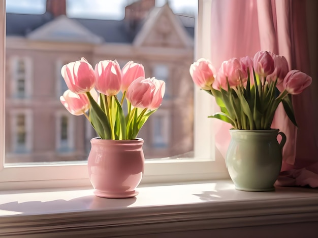 A bouquet of pink tulips in a white vase closeup on a table on a blurred background