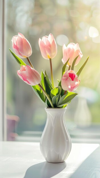 A bouquet of pink tulips in a white vase closeup on a table on a blurred background