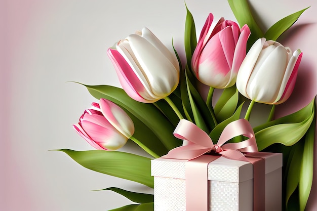 Bouquet of pink tulips with gift voxes on white background flowers for valentines day as present Generative Ai