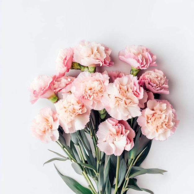 A bouquet of pink and white carnations on a white background