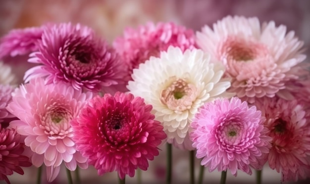 A bouquet of pink and white flowers with a pink background