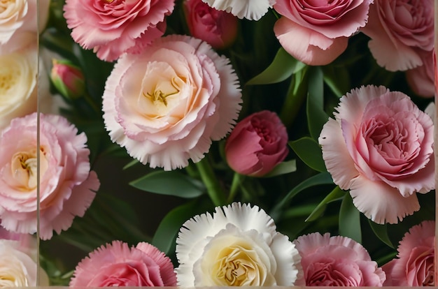 a bouquet of pink and white flowers with a yellow center