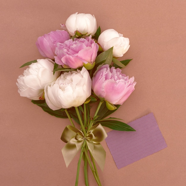 Bouquet of pink and white peonies close-up with copy space for design.