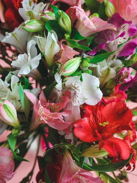 Bouquet of pink white red and purple alstroemerias closeup