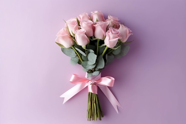 Bouquet of pink and white roses with ribbon on pink background