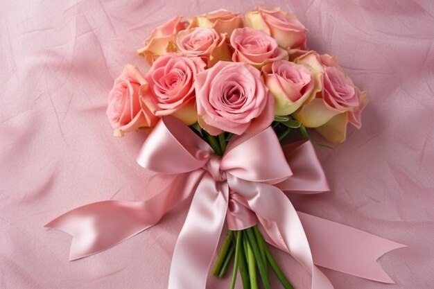 Bouquet of pink and white roses with ribbon on pink background