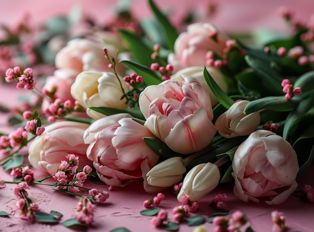 Bouquet of pink and white tulips on the table