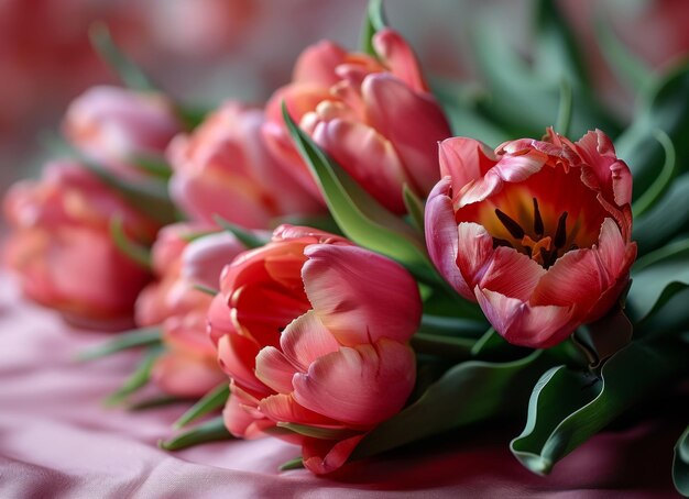 Bouquet of pink and white tulips on the table