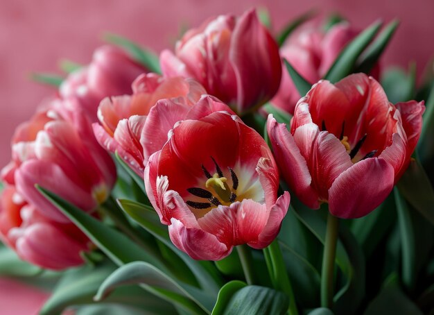 Bouquet of pink and white tulips on the table