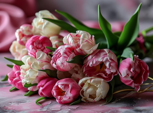 Bouquet of pink and white tulips on the table