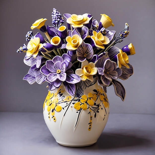 Bouquet of purple flowers in White with yellow handmade ceramic vase Ai Generated