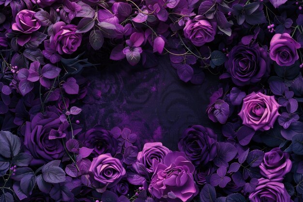 Photo a bouquet of purple roses arranged in a circular pattern on a black background ideal for use as a symbol of elegance and sophistication