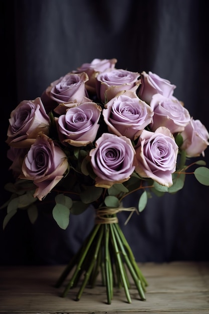 A bouquet of purple roses is displayed on a table.