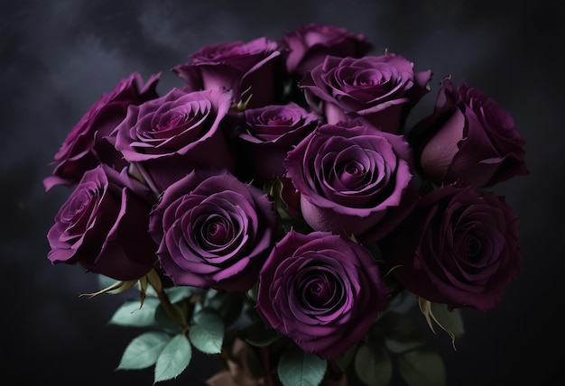 a bouquet of purple roses with green leaves and a dark background