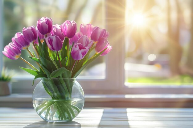 A bouquet of purple tulips in a glass transparent vase closeup on a table on a blurred background