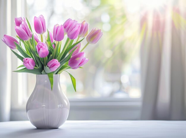 A bouquet of purple tulips in a white vase closeup on a table on a blurred background in a home sun