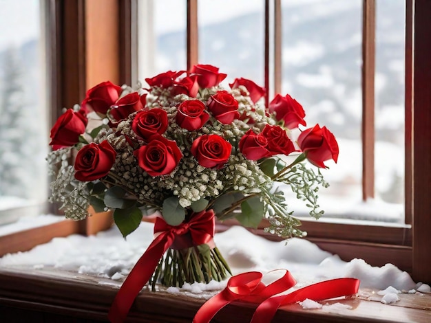 A bouquet of red roses intertwined with delicate baby39s breath and tied with a satin ribbon sitting on a windowsill overlooking a snowy landscape