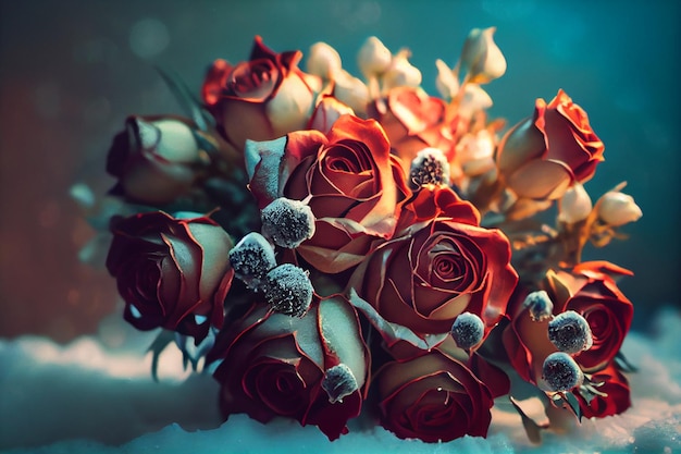 Bouquet of red roses and snow icegenerative ai