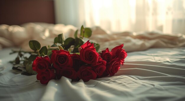 a bouquet of red roses on someones bed