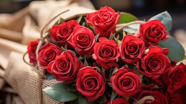 a bouquet of red roses with a basket of tied tied with string tied around the top.