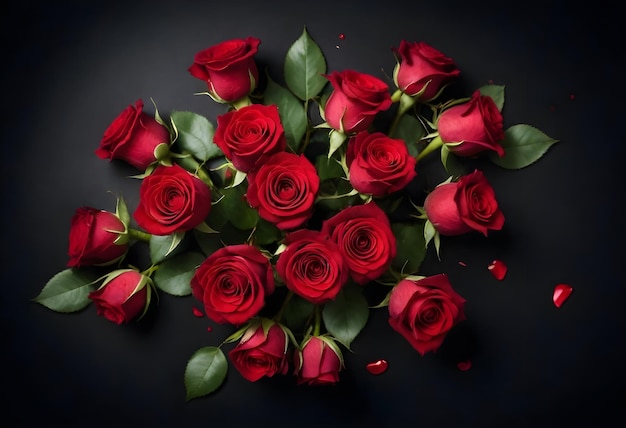 a bouquet of red roses with green leaves on a black background