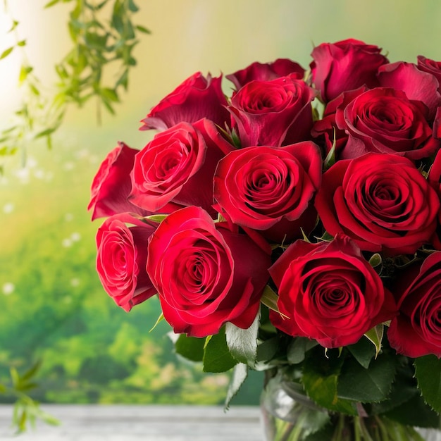 a bouquet of red roses with green leaves in a vase