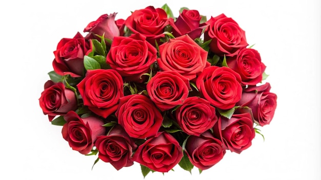 a bouquet of red roses with green leaves