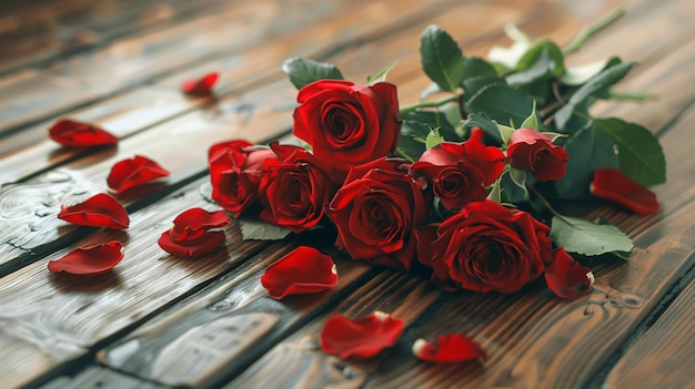 a bouquet of red roses with a label that says  love  on the table