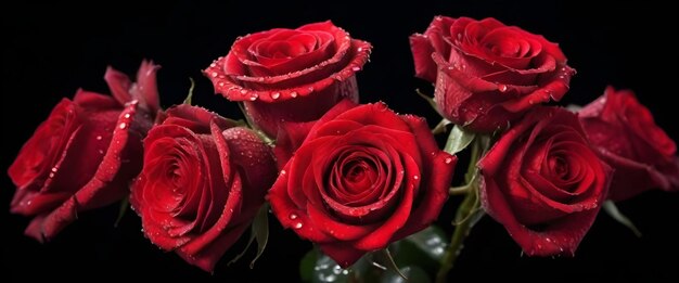 a bouquet of red roses with water drops on the top