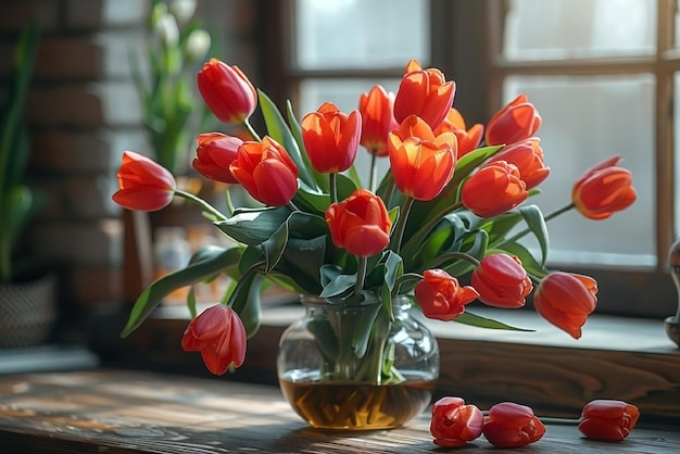 A bouquet of red tulips in a vase on the table Spring concept